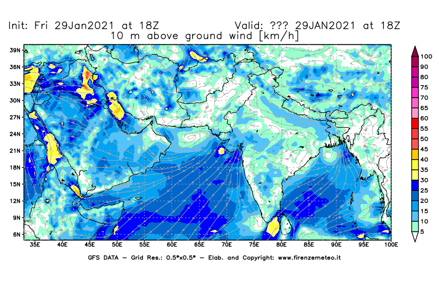 Mappa di analisi GFS - Velocità del vento a 10 metri dal suolo [km/h] in Asia Sud-Occidentale
							del 29/01/2021 18 <!--googleoff: index-->UTC<!--googleon: index-->