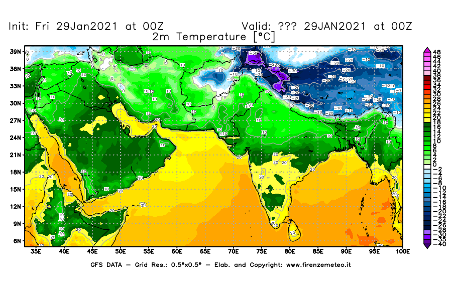 Mappa di analisi GFS - Temperatura a 2 metri dal suolo [°C] in Asia Sud-Occidentale
									del 29/01/2021 00 <!--googleoff: index-->UTC<!--googleon: index-->