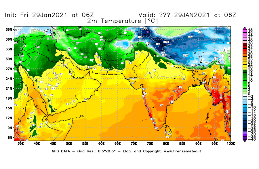 Mappa di analisi GFS - Temperatura a 2 metri dal suolo [°C] in Asia Sud-Occidentale
							del 29/01/2021 06 <!--googleoff: index-->UTC<!--googleon: index-->