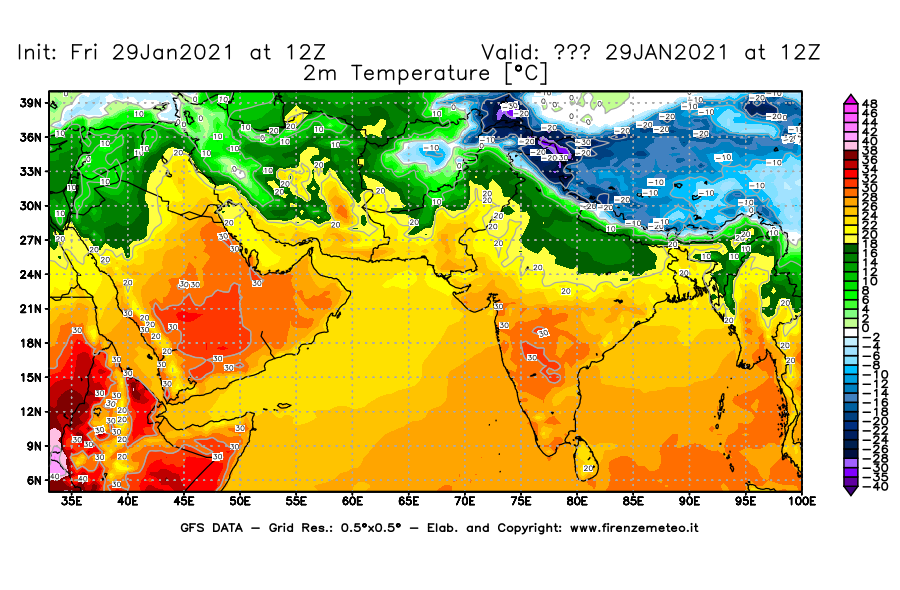 Mappa di analisi GFS - Temperatura a 2 metri dal suolo [°C] in Asia Sud-Occidentale
							del 29/01/2021 12 <!--googleoff: index-->UTC<!--googleon: index-->