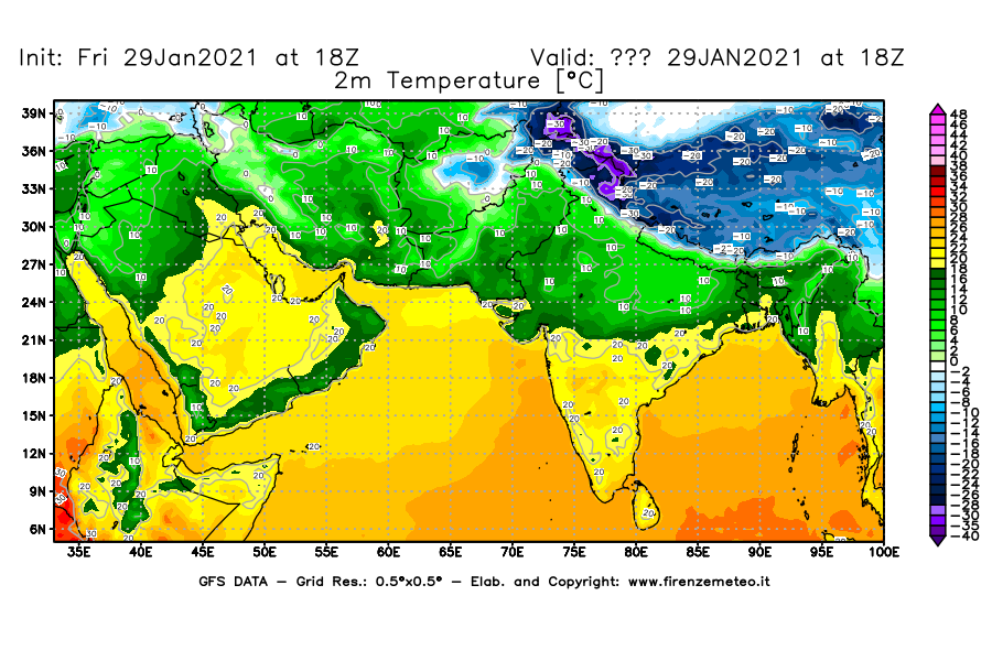 Mappa di analisi GFS - Temperatura a 2 metri dal suolo [°C] in Asia Sud-Occidentale
							del 29/01/2021 18 <!--googleoff: index-->UTC<!--googleon: index-->