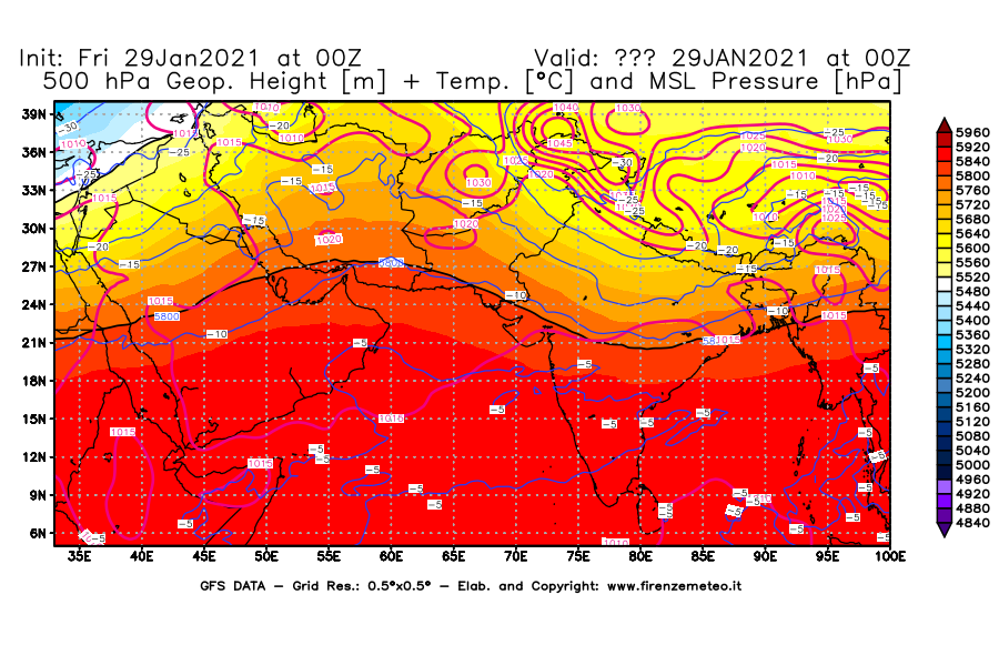 Mappa di analisi GFS - Geopotenziale [m] + Temp. [°C] a 500 hPa + Press. a livello del mare [hPa] in Asia Sud-Occidentale
							del 29/01/2021 00 <!--googleoff: index-->UTC<!--googleon: index-->