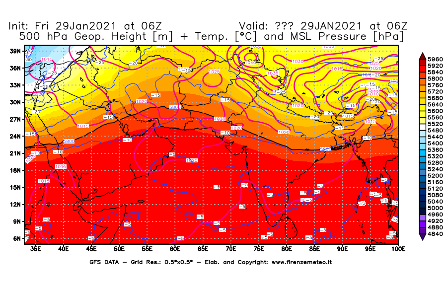Mappa di analisi GFS - Geopotenziale [m] + Temp. [°C] a 500 hPa + Press. a livello del mare [hPa] in Asia Sud-Occidentale
							del 29/01/2021 06 <!--googleoff: index-->UTC<!--googleon: index-->