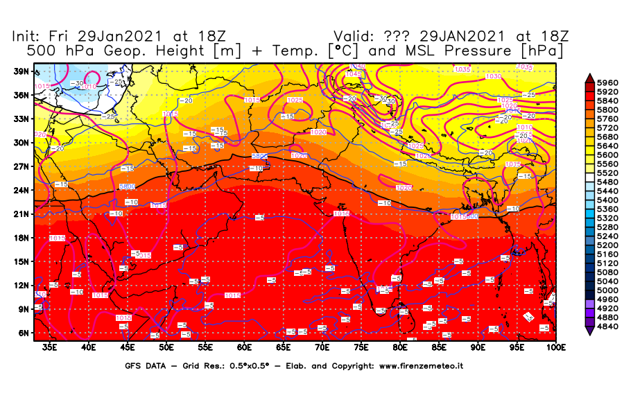 Mappa di analisi GFS - Geopotenziale [m] + Temp. [°C] a 500 hPa + Press. a livello del mare [hPa] in Asia Sud-Occidentale
							del 29/01/2021 18 <!--googleoff: index-->UTC<!--googleon: index-->