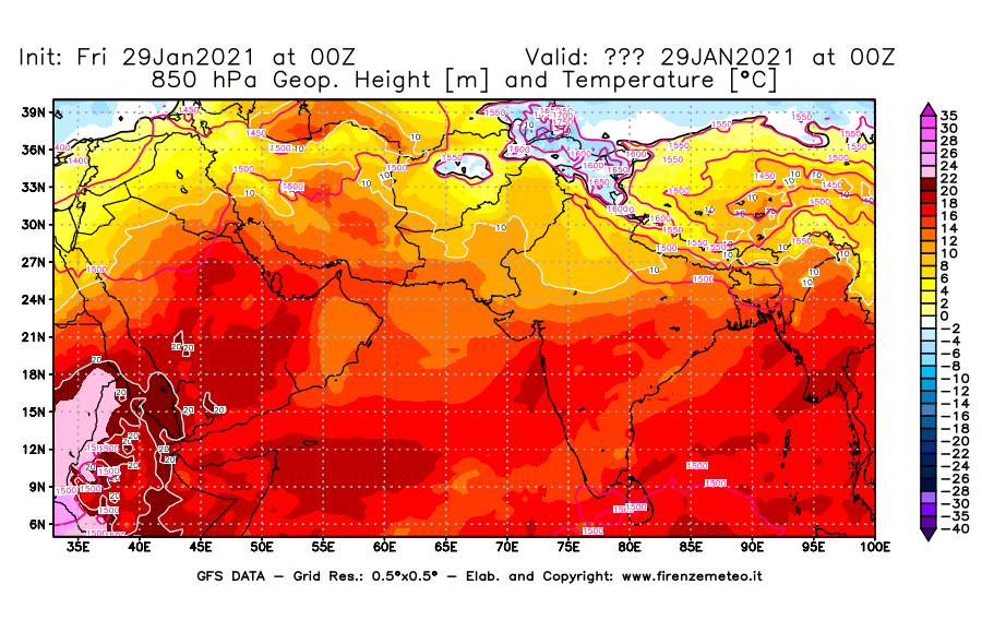 Mappa di analisi GFS - Geopotenziale [m] e Temperatura [°C] a 850 hPa in Asia Sud-Occidentale
							del 29/01/2021 00 <!--googleoff: index-->UTC<!--googleon: index-->