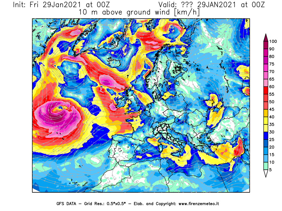 Mappa di analisi GFS - Velocità del vento a 10 metri dal suolo [km/h] in Europa
									del 29/01/2021 00 <!--googleoff: index-->UTC<!--googleon: index-->