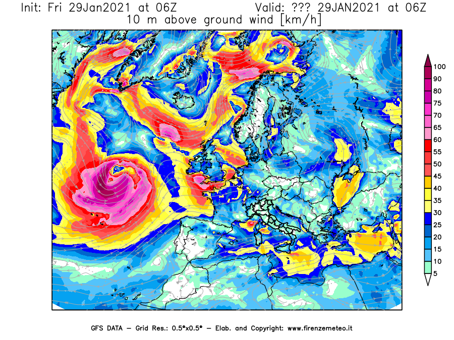 Mappa di analisi GFS - Velocità del vento a 10 metri dal suolo [km/h] in Europa
									del 29/01/2021 06 <!--googleoff: index-->UTC<!--googleon: index-->