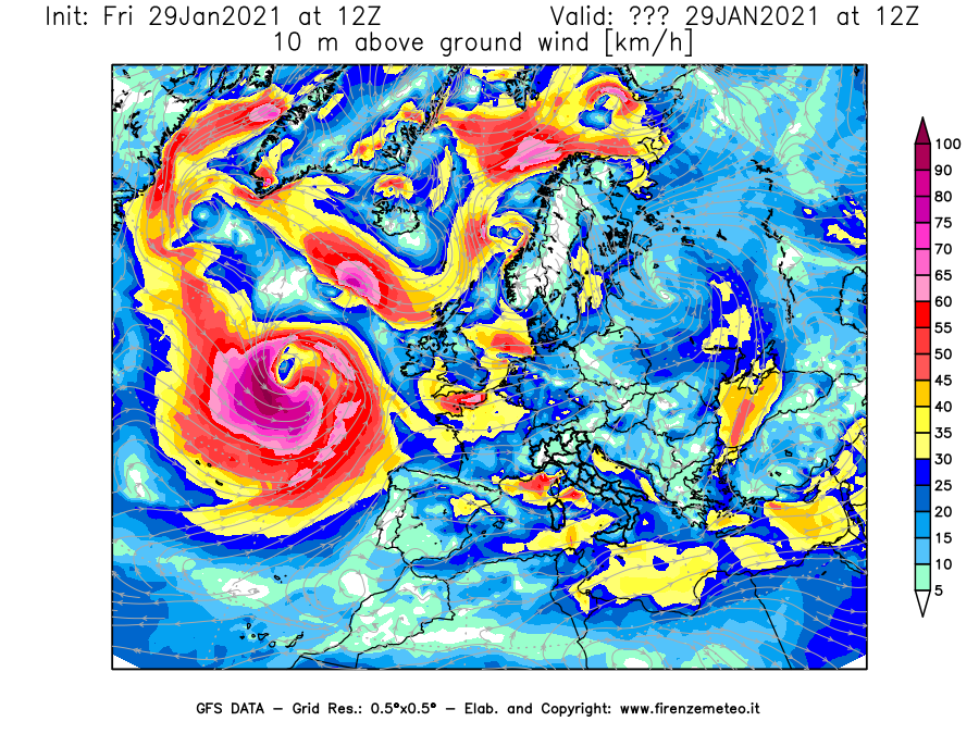 Mappa di analisi GFS - Velocità del vento a 10 metri dal suolo [km/h] in Europa
							del 29/01/2021 12 <!--googleoff: index-->UTC<!--googleon: index-->