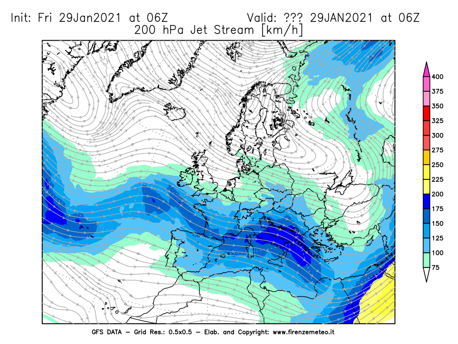 Mappa di analisi GFS - Jet Stream a 200 hPa in Europa
							del 29/01/2021 06 <!--googleoff: index-->UTC<!--googleon: index-->