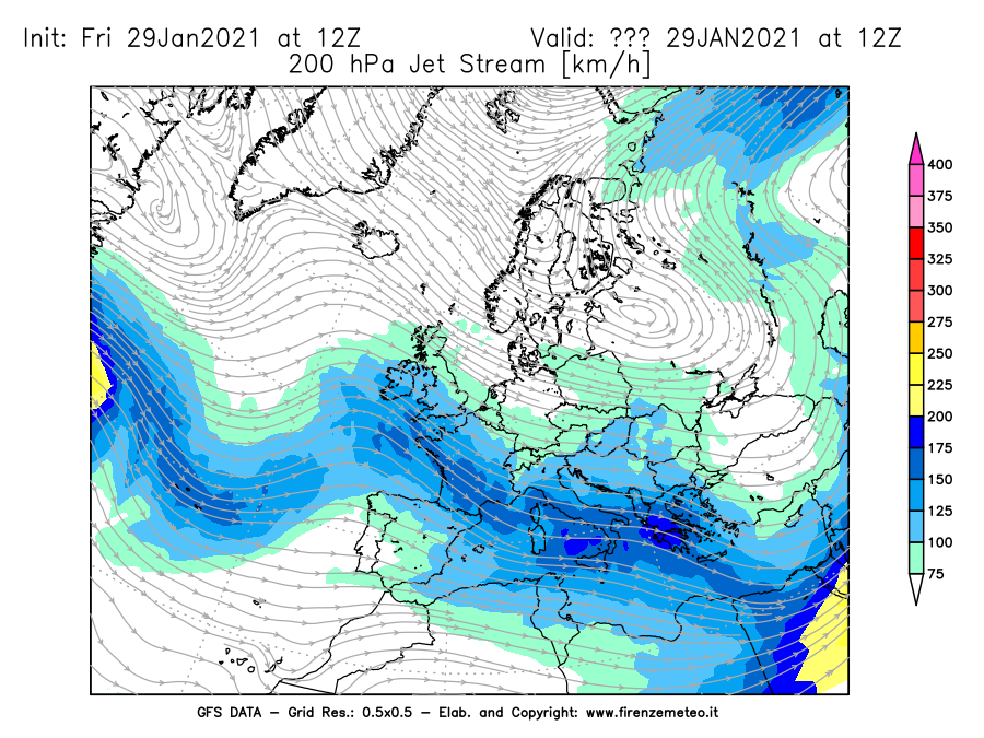 Mappa di analisi GFS - Jet Stream a 200 hPa in Europa
							del 29/01/2021 12 <!--googleoff: index-->UTC<!--googleon: index-->