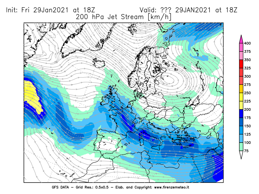 Mappa di analisi GFS - Jet Stream a 200 hPa in Europa
							del 29/01/2021 18 <!--googleoff: index-->UTC<!--googleon: index-->