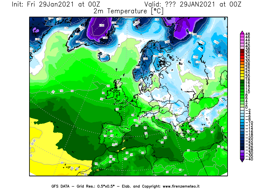 Mappa di analisi GFS - Temperatura a 2 metri dal suolo [°C] in Europa
							del 29/01/2021 00 <!--googleoff: index-->UTC<!--googleon: index-->
