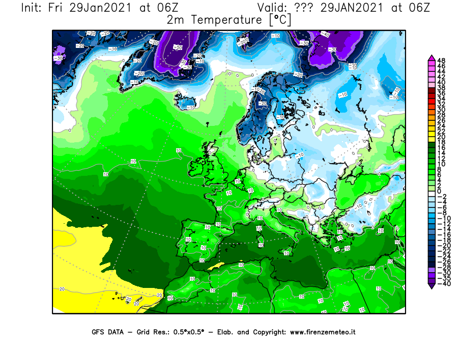 Mappa di analisi GFS - Temperatura a 2 metri dal suolo [°C] in Europa
							del 29/01/2021 06 <!--googleoff: index-->UTC<!--googleon: index-->