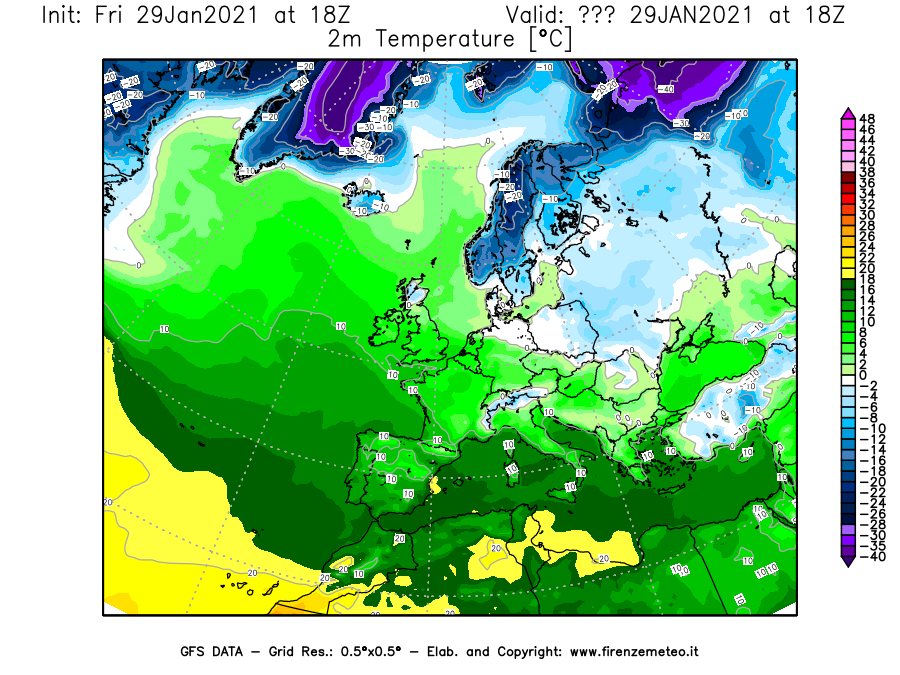 Mappa di analisi GFS - Temperatura a 2 metri dal suolo [°C] in Europa
							del 29/01/2021 18 <!--googleoff: index-->UTC<!--googleon: index-->