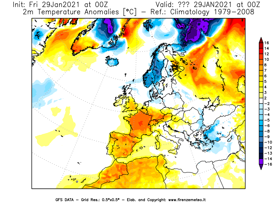 Mappa di analisi GFS - Anomalia Temperatura [°C] a 2 m in Europa
							del 29/01/2021 00 <!--googleoff: index-->UTC<!--googleon: index-->