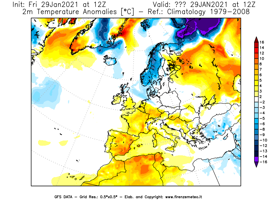 Mappa di analisi GFS - Anomalia Temperatura [°C] a 2 m in Europa
									del 29/01/2021 12 <!--googleoff: index-->UTC<!--googleon: index-->
