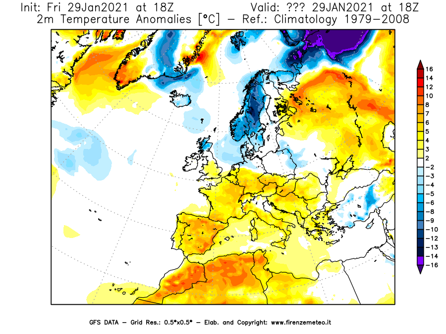 Mappa di analisi GFS - Anomalia Temperatura [°C] a 2 m in Europa
							del 29/01/2021 18 <!--googleoff: index-->UTC<!--googleon: index-->