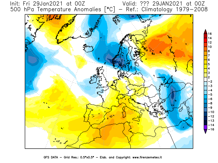 Mappa di analisi GFS - Anomalia Temperatura [°C] a 500 hPa in Europa
							del 29/01/2021 00 <!--googleoff: index-->UTC<!--googleon: index-->
