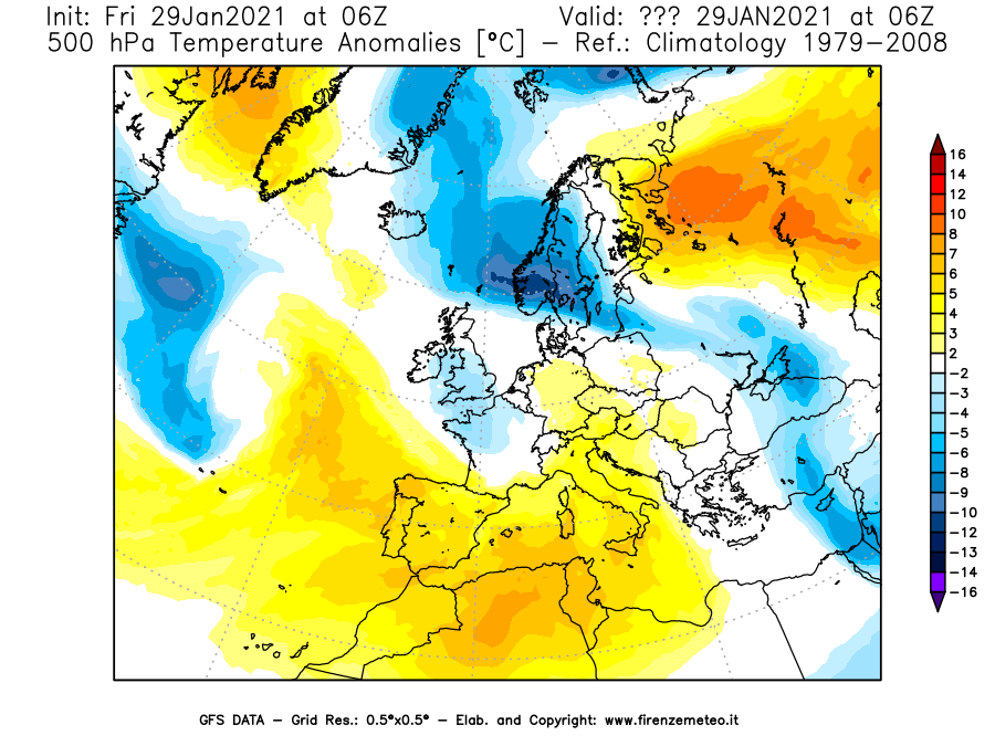 Mappa di analisi GFS - Anomalia Temperatura [°C] a 500 hPa in Europa
							del 29/01/2021 06 <!--googleoff: index-->UTC<!--googleon: index-->