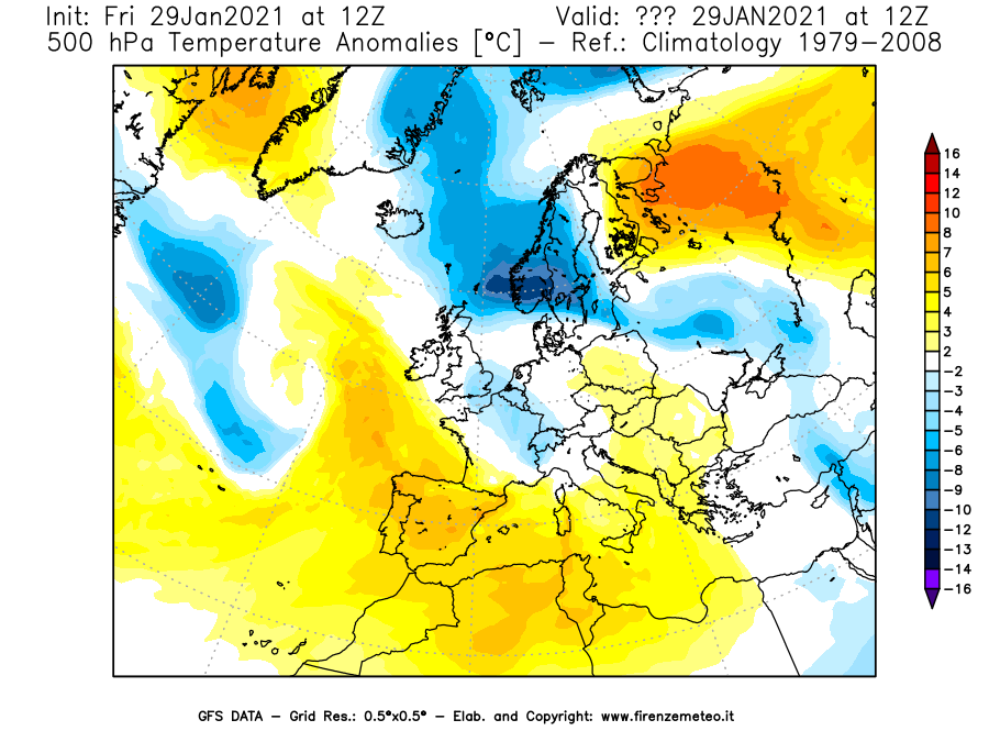 Mappa di analisi GFS - Anomalia Temperatura [°C] a 500 hPa in Europa
									del 29/01/2021 12 <!--googleoff: index-->UTC<!--googleon: index-->
