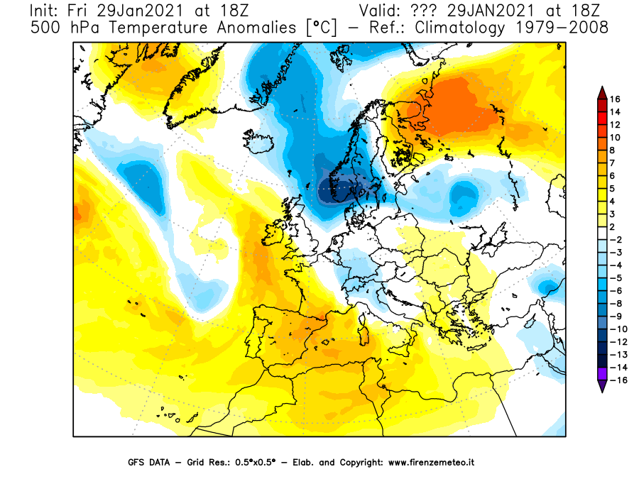 Mappa di analisi GFS - Anomalia Temperatura [°C] a 500 hPa in Europa
							del 29/01/2021 18 <!--googleoff: index-->UTC<!--googleon: index-->
