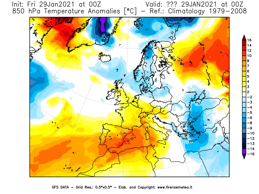 Mappa di analisi GFS - Anomalia Temperatura [°C] a 850 hPa in Europa
									del 29/01/2021 00 <!--googleoff: index-->UTC<!--googleon: index-->