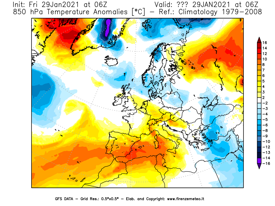 Mappa di analisi GFS - Anomalia Temperatura [°C] a 850 hPa in Europa
							del 29/01/2021 06 <!--googleoff: index-->UTC<!--googleon: index-->