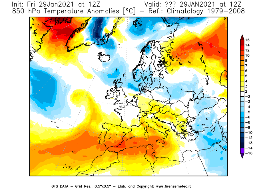 Mappa di analisi GFS - Anomalia Temperatura [°C] a 850 hPa in Europa
									del 29/01/2021 12 <!--googleoff: index-->UTC<!--googleon: index-->