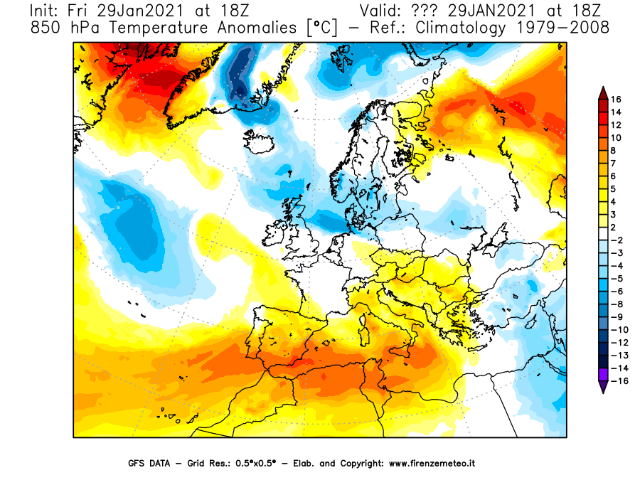 Mappa di analisi GFS - Anomalia Temperatura [°C] a 850 hPa in Europa
									del 29/01/2021 18 <!--googleoff: index-->UTC<!--googleon: index-->