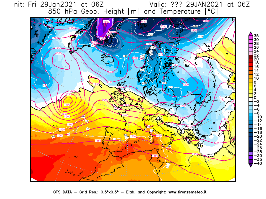 Mappa di analisi GFS - Geopotenziale [m] e Temperatura [°C] a 850 hPa in Europa
							del 29/01/2021 06 <!--googleoff: index-->UTC<!--googleon: index-->