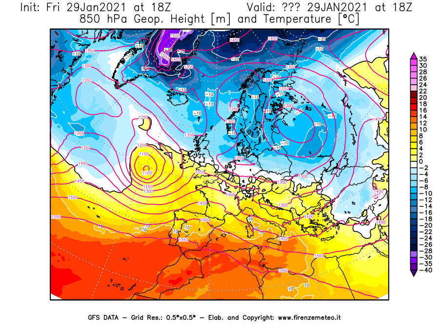 Mappa di analisi GFS - Geopotenziale [m] e Temperatura [°C] a 850 hPa in Europa
									del 29/01/2021 18 <!--googleoff: index-->UTC<!--googleon: index-->