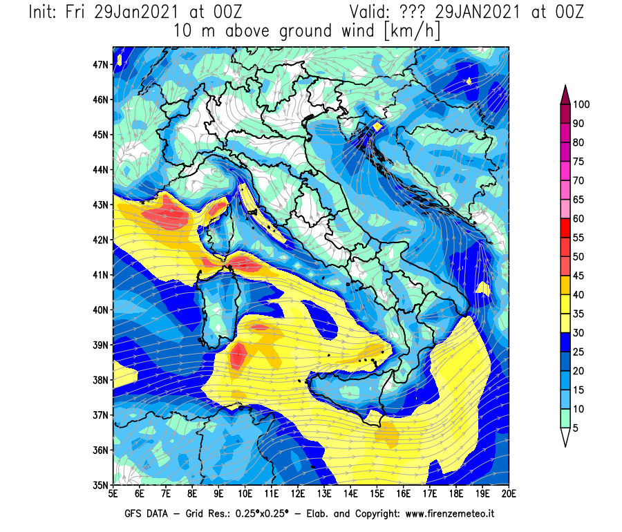 Mappa di analisi GFS - Velocità del vento a 10 metri dal suolo [km/h] in Italia
							del 29/01/2021 00 <!--googleoff: index-->UTC<!--googleon: index-->