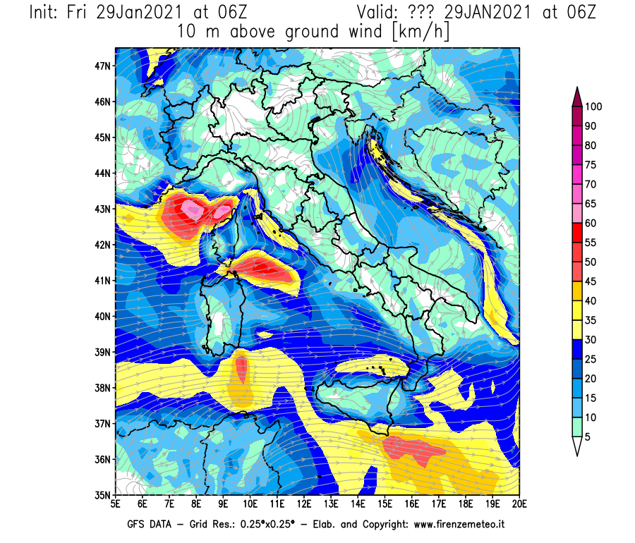 Mappa di analisi GFS - Velocità del vento a 10 metri dal suolo [km/h] in Italia
									del 29/01/2021 06 <!--googleoff: index-->UTC<!--googleon: index-->