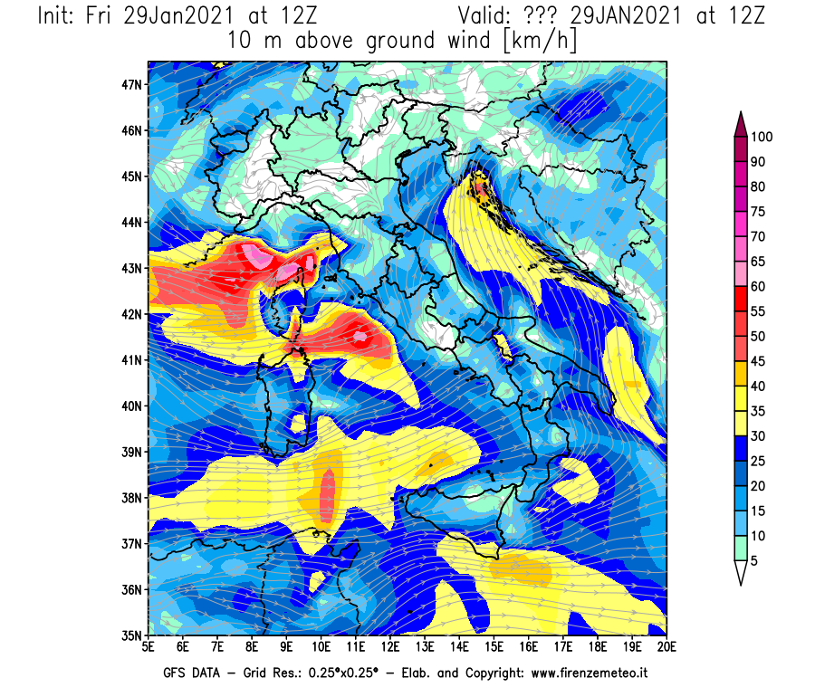 Mappa di analisi GFS - Velocità del vento a 10 metri dal suolo [km/h] in Italia
									del 29/01/2021 12 <!--googleoff: index-->UTC<!--googleon: index-->