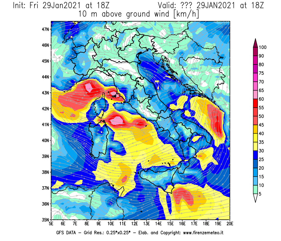 Mappa di analisi GFS - Velocità del vento a 10 metri dal suolo [km/h] in Italia
							del 29/01/2021 18 <!--googleoff: index-->UTC<!--googleon: index-->