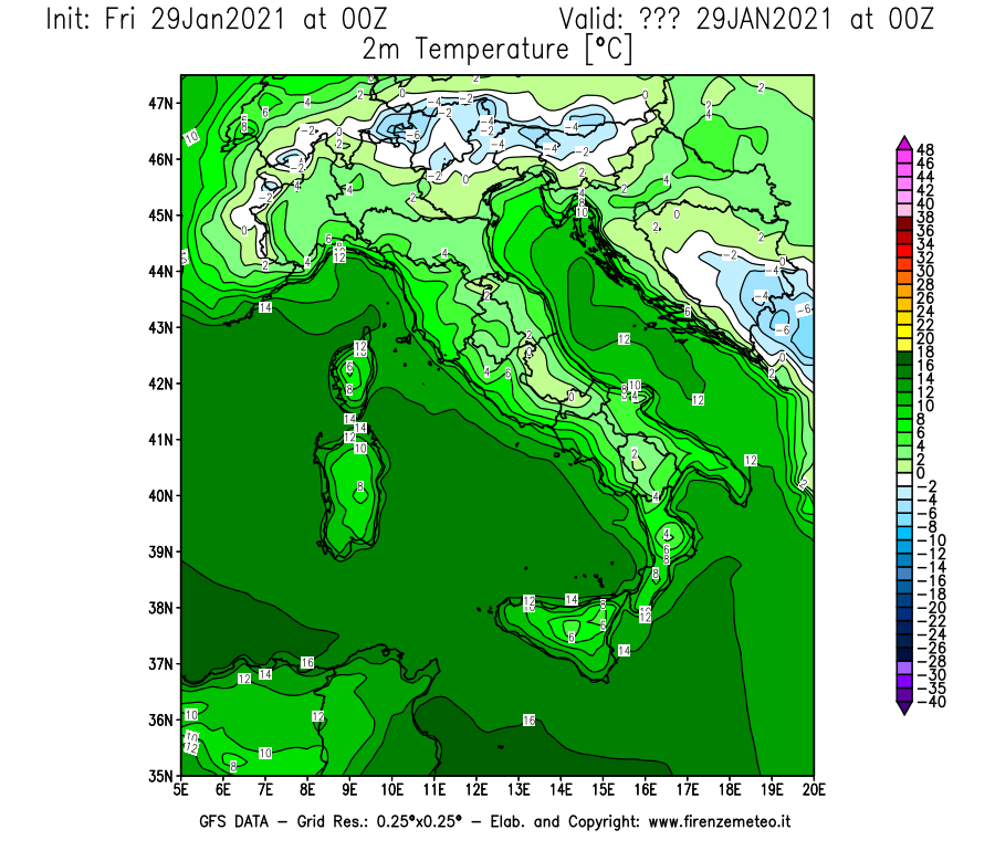 Mappa di analisi GFS - Temperatura a 2 metri dal suolo [°C] in Italia
							del 29/01/2021 00 <!--googleoff: index-->UTC<!--googleon: index-->