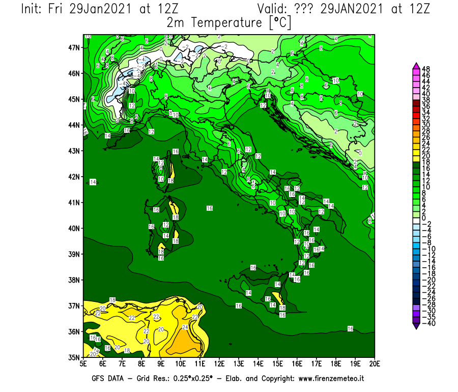 Mappa di analisi GFS - Temperatura a 2 metri dal suolo [°C] in Italia
									del 29/01/2021 12 <!--googleoff: index-->UTC<!--googleon: index-->