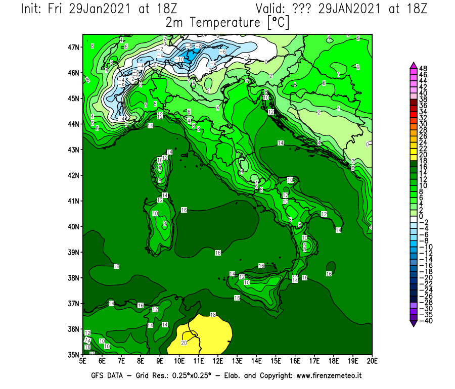 Mappa di analisi GFS - Temperatura a 2 metri dal suolo [°C] in Italia
									del 29/01/2021 18 <!--googleoff: index-->UTC<!--googleon: index-->