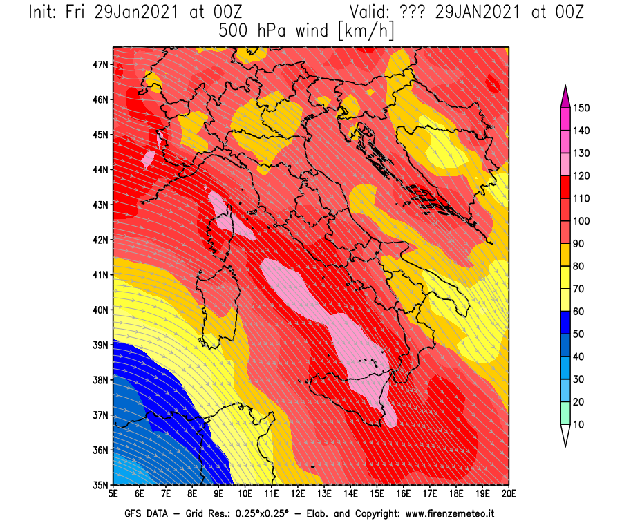 Mappa di analisi GFS - Velocità del vento a 500 hPa [km/h] in Italia
							del 29/01/2021 00 <!--googleoff: index-->UTC<!--googleon: index-->