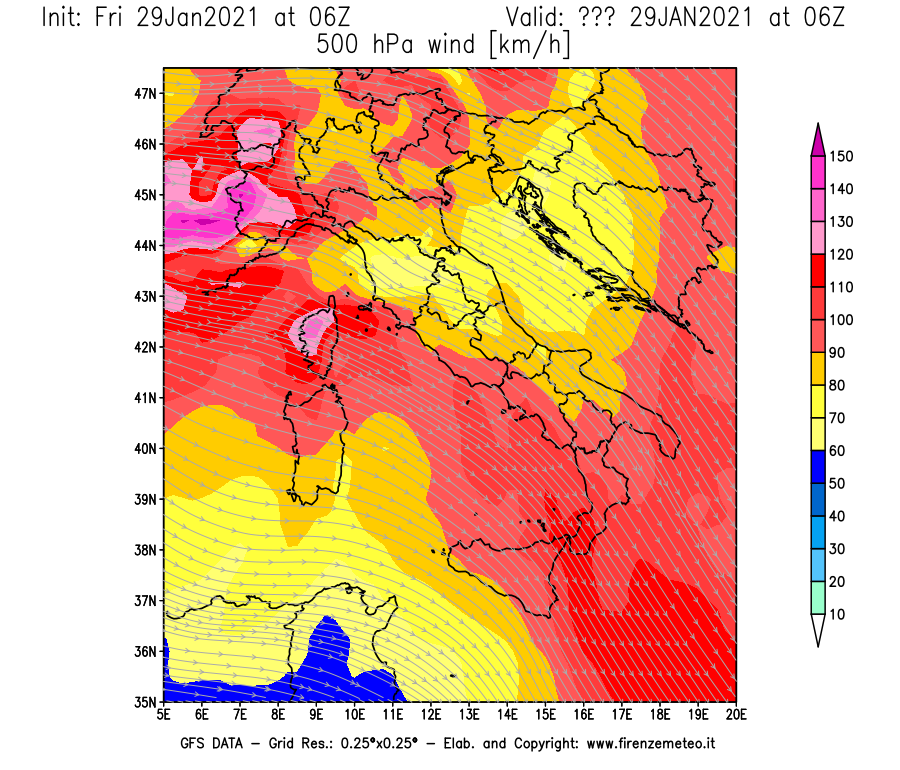 Mappa di analisi GFS - Velocità del vento a 500 hPa [km/h] in Italia
							del 29/01/2021 06 <!--googleoff: index-->UTC<!--googleon: index-->