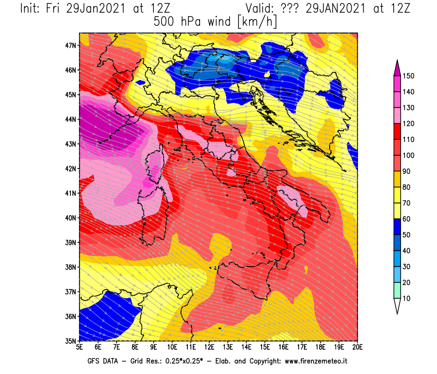 Mappa di analisi GFS - Velocità del vento a 500 hPa [km/h] in Italia
									del 29/01/2021 12 <!--googleoff: index-->UTC<!--googleon: index-->