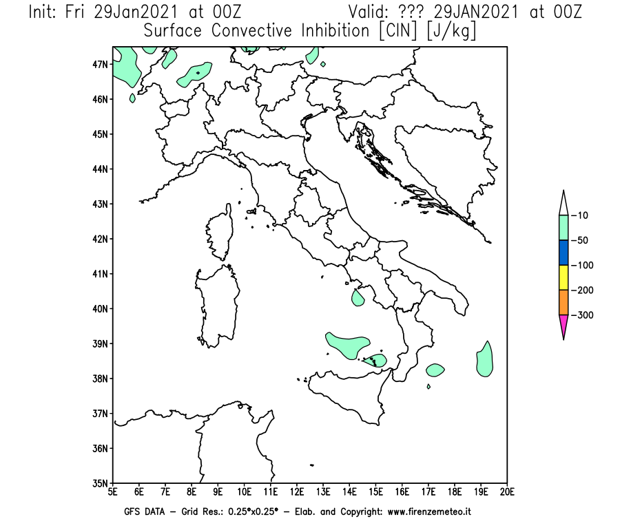 Mappa di analisi GFS - CIN [J/kg] in Italia
							del 29/01/2021 00 <!--googleoff: index-->UTC<!--googleon: index-->