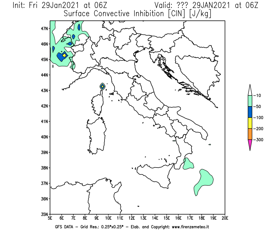 Mappa di analisi GFS - CIN [J/kg] in Italia
							del 29/01/2021 06 <!--googleoff: index-->UTC<!--googleon: index-->