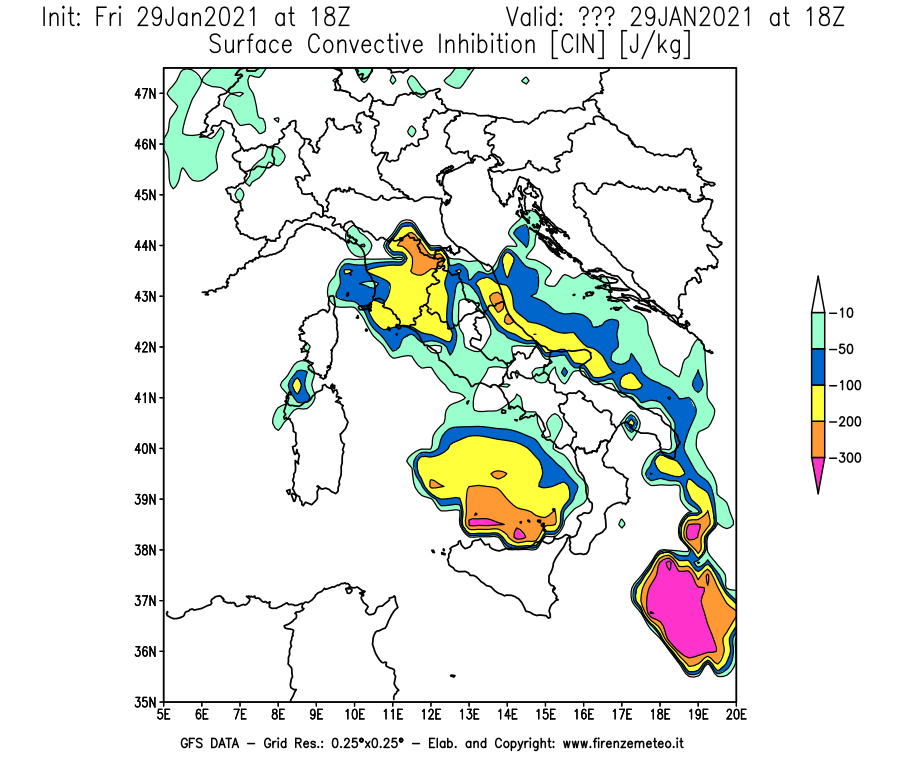 Mappa di analisi GFS - CIN [J/kg] in Italia
							del 29/01/2021 18 <!--googleoff: index-->UTC<!--googleon: index-->