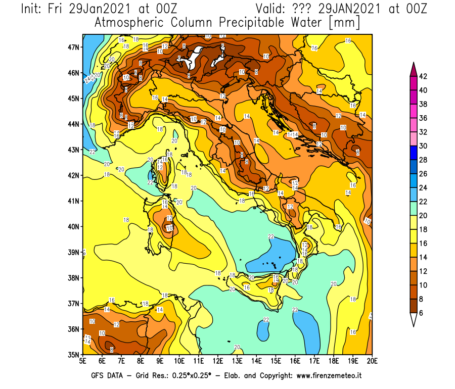 Mappa di analisi GFS - Precipitable Water [mm] in Italia
							del 29/01/2021 00 <!--googleoff: index-->UTC<!--googleon: index-->