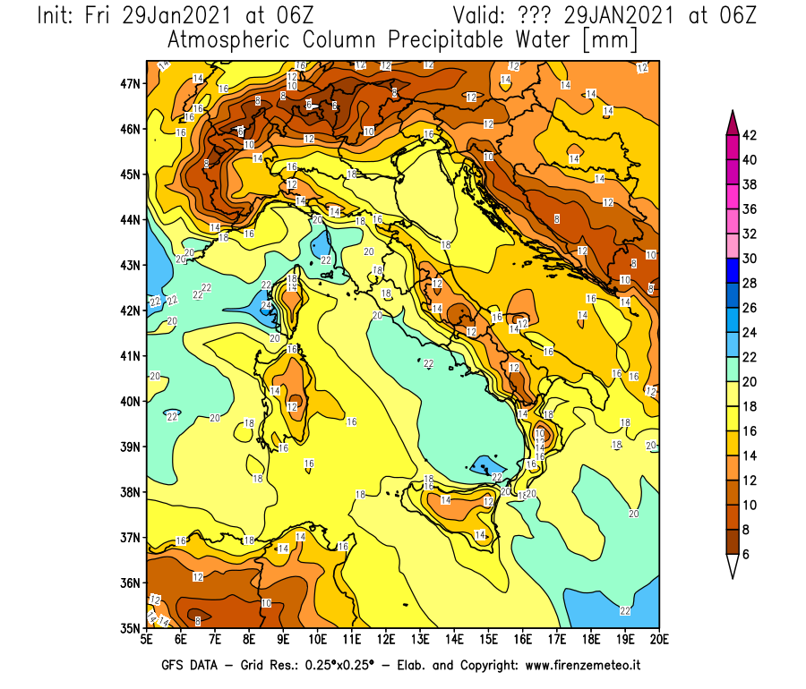 Mappa di analisi GFS - Precipitable Water [mm] in Italia
									del 29/01/2021 06 <!--googleoff: index-->UTC<!--googleon: index-->