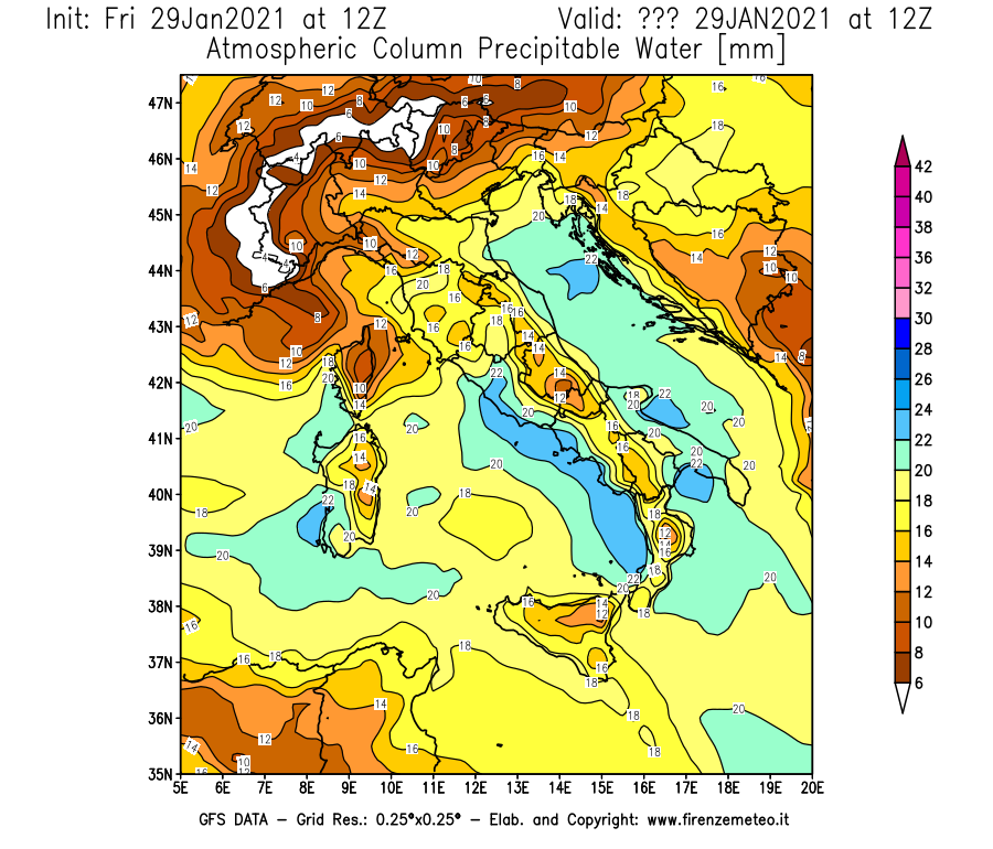 Mappa di analisi GFS - Precipitable Water [mm] in Italia
							del 29/01/2021 12 <!--googleoff: index-->UTC<!--googleon: index-->