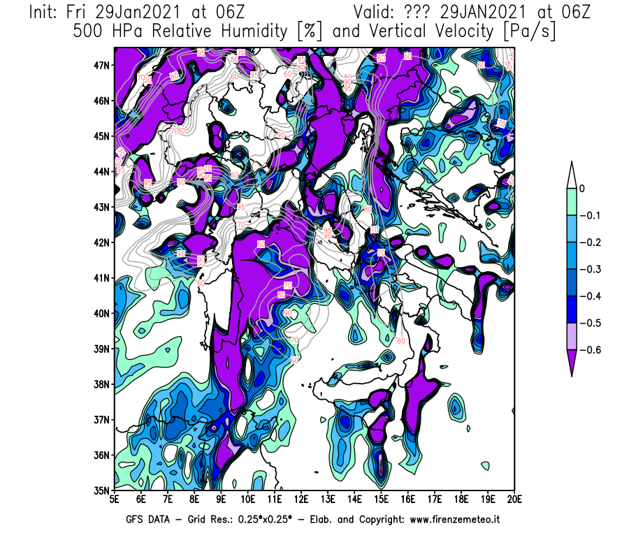 Mappa di analisi GFS - Umidità relativa [%] e Omega [Pa/s] a 500 hPa in Italia
							del 29/01/2021 06 <!--googleoff: index-->UTC<!--googleon: index-->