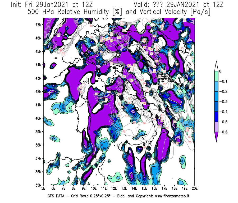 Mappa di analisi GFS - Umidità relativa [%] e Omega [Pa/s] a 500 hPa in Italia
							del 29/01/2021 12 <!--googleoff: index-->UTC<!--googleon: index-->