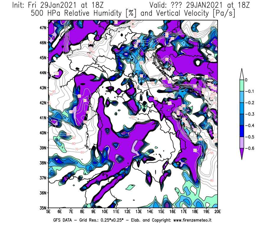 Mappa di analisi GFS - Umidità relativa [%] e Omega [Pa/s] a 500 hPa in Italia
							del 29/01/2021 18 <!--googleoff: index-->UTC<!--googleon: index-->